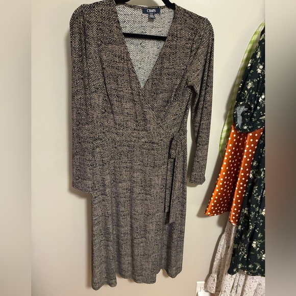 Chaps Dresses & Skirts - Faux wrap dress black tan print